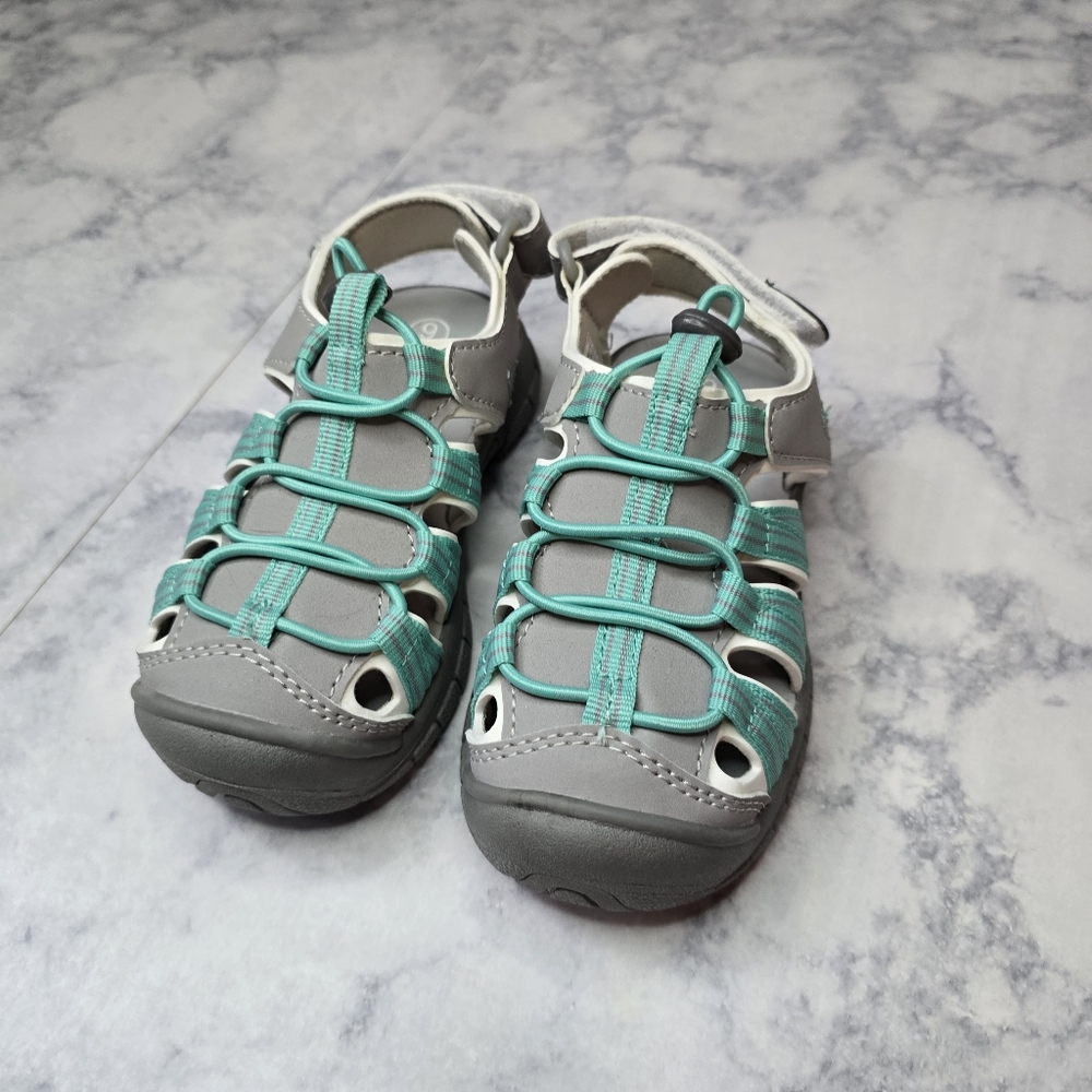 DSG Caged Sandals 9K Teal Gray Bungee Laces Velcro Strap Like New